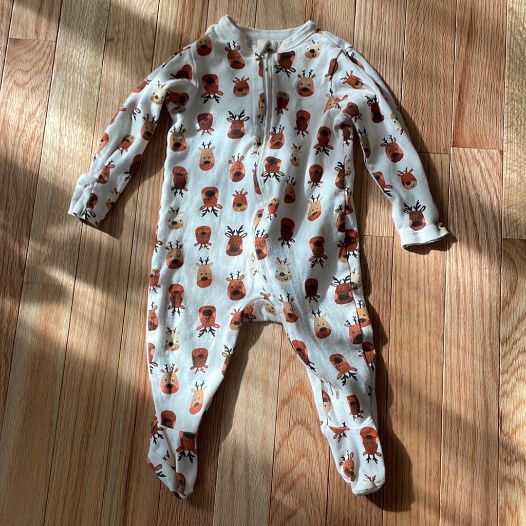 Old Navy Coverall Baby Boy 6-9m White Brown Reindeer Christmas Zip Up Long Sleev